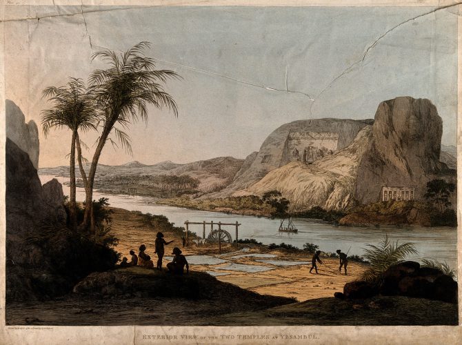 V0014703 Abu Simbel: two temples seen from across the Nile river. Col
Credit: Wellcome Library, London. Wellcome Images
images@wellcome.ac.uk
http://wellcomeimages.org
Abu Simbel: two temples seen from across the Nile river. Coloured etching by A. Aglio, 1820, after G. Belzoni.
1820 By: Giovanni Battista Belzoniafter: Agostino AglioPublished: 1820

Copyrighted work available under Creative Commons Attribution only licence CC BY 4.0 http://creativecommons.org/licenses/by/4.0/